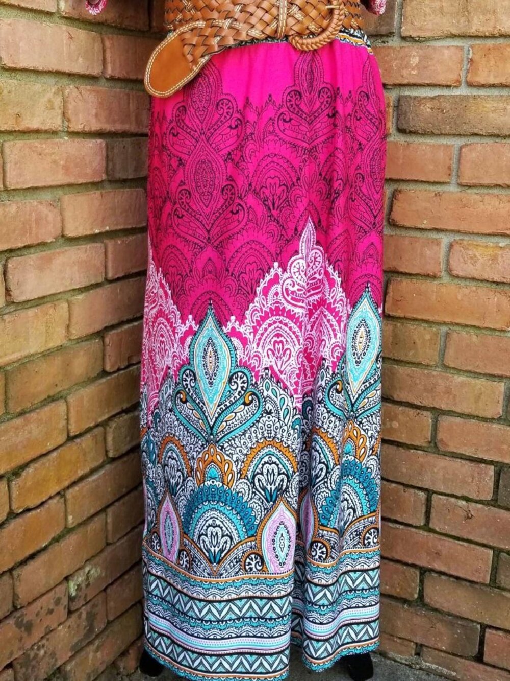 Boho Paisley Maxi Dress Pink Turquoise V-Neck Festival Resort Summer Dress Sz L - Picture 6 of 12
